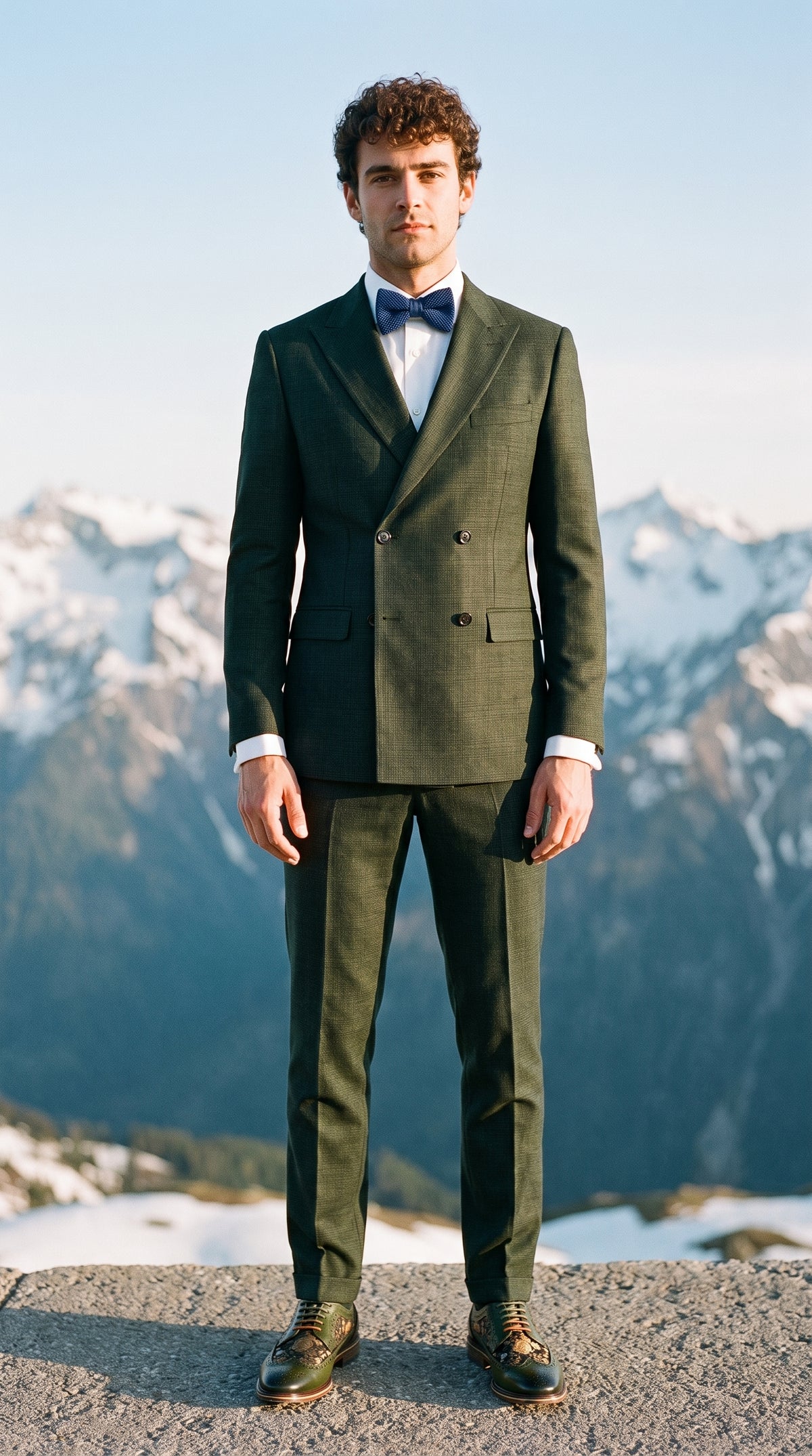 Look #345 styled with Caridi – 2-teiliger olivgrüner Zweireiheranzug für Herren