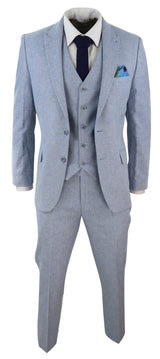 Men's Light Blue 3 Piece Linen Suit