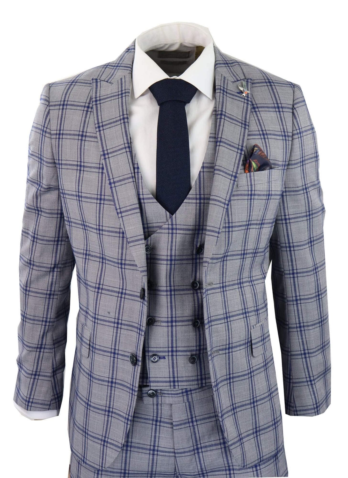 Men's Grey Blue Check 3 Piece Suit