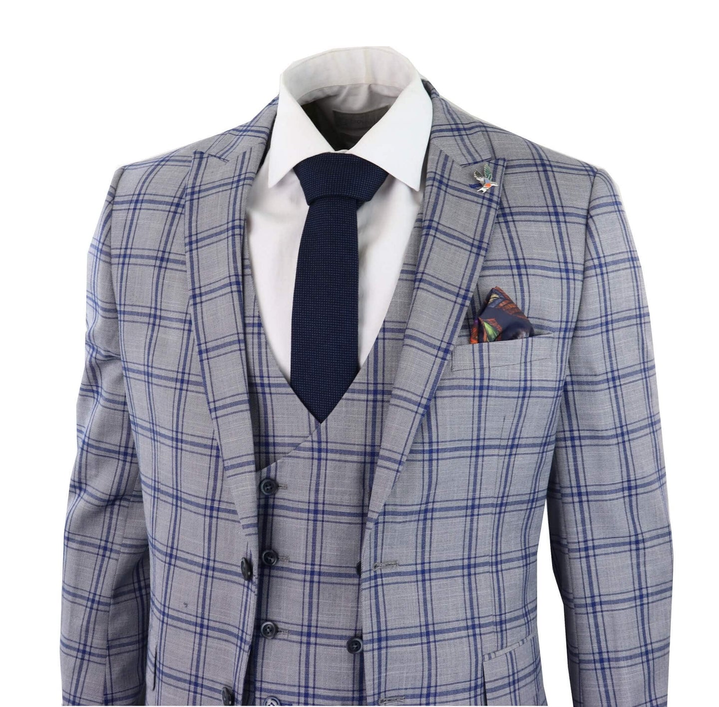 Men's Grey Blue Check 3 Piece Suit