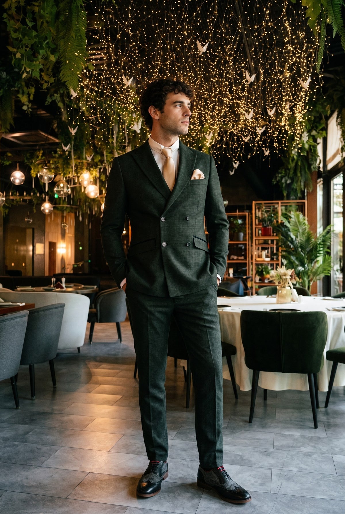 Look #784 styled with Caridi – 2-teiliger olivgrüner Zweireiheranzug für Herren