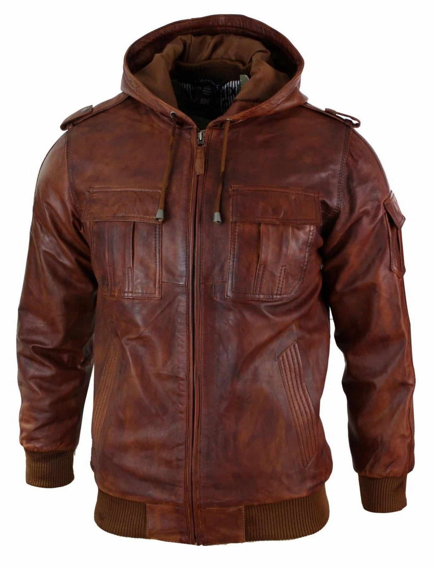Mens Real Leather Hood Bomber Jacket Tan Timber Brown Washed Vintage Quilted