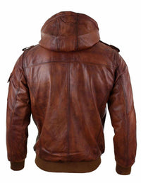 Mens Real Leather Hood Bomber Jacket Tan Timber Brown Washed Vintage Quilted