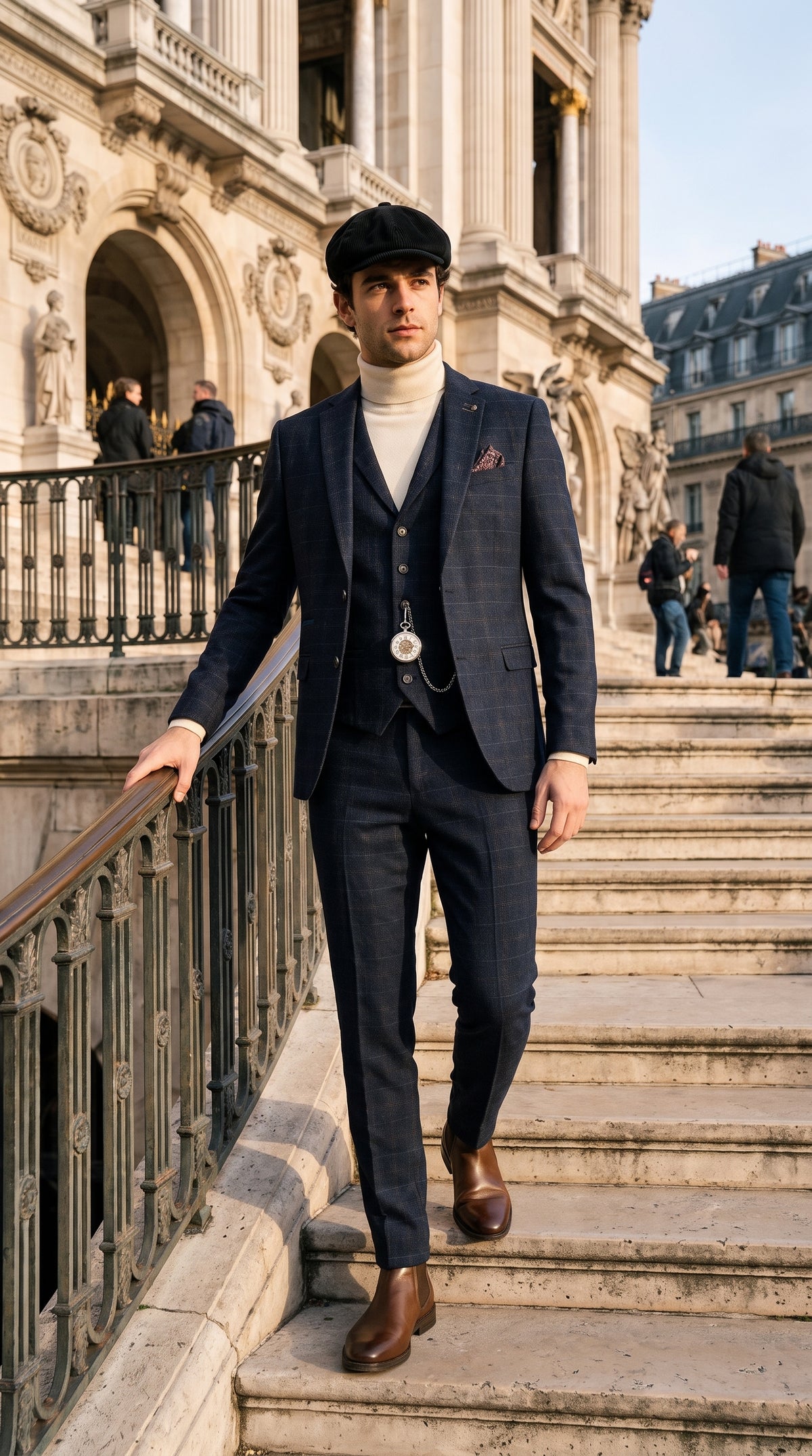 Look #133 styled with Herren-Rollkragenpullover in Creme, weicher Viskose-Mischgewebe, Langarm-Strickpullover