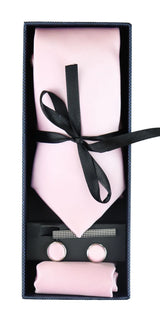 Satin Silk Pink Tie Gift Set Pocket Square Cuff Links Tie Shiny Satin