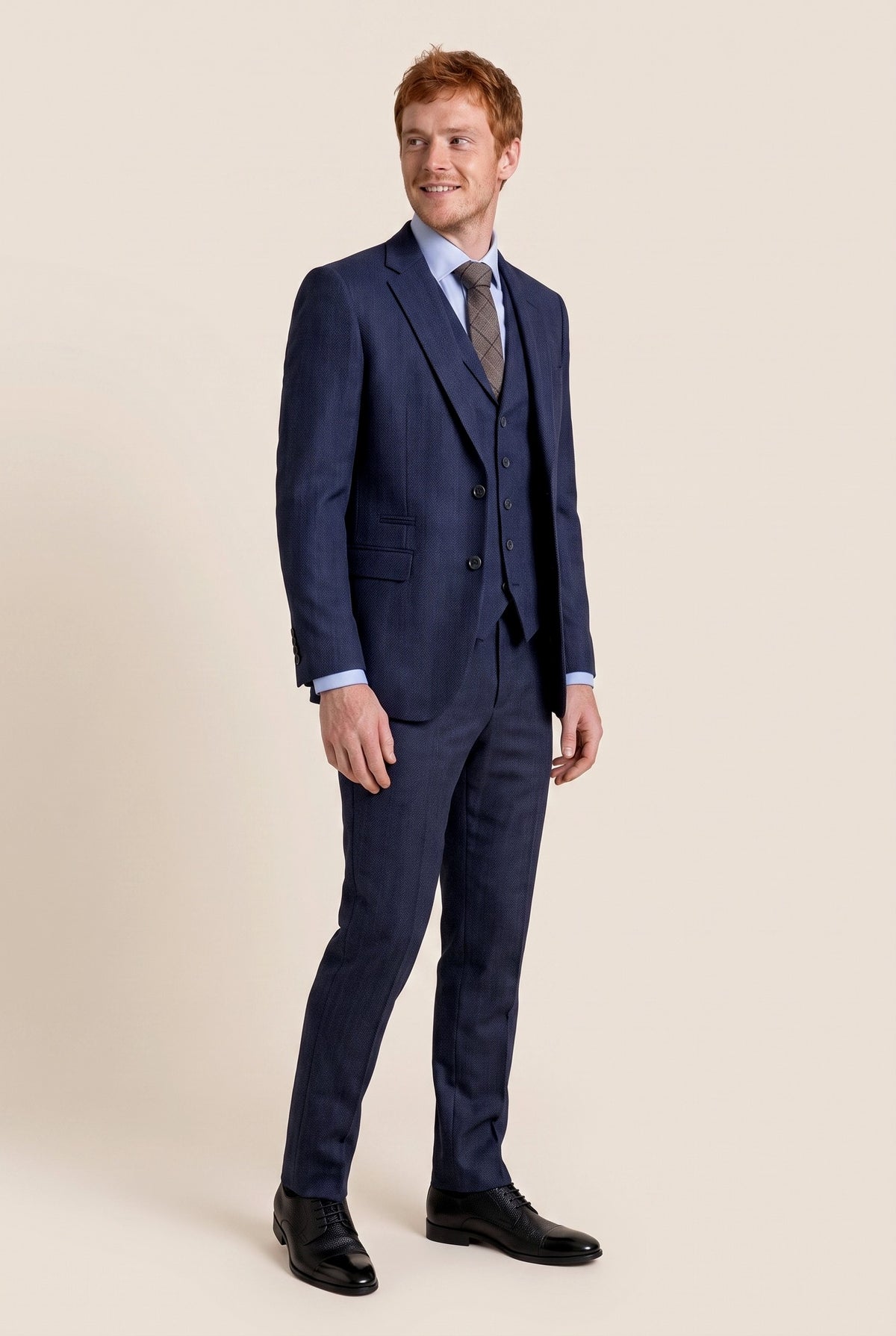 Look #987 styled with Marineblauer 3-teiliger Tweed-Anzug mit Fischgrätenmuster für Herren