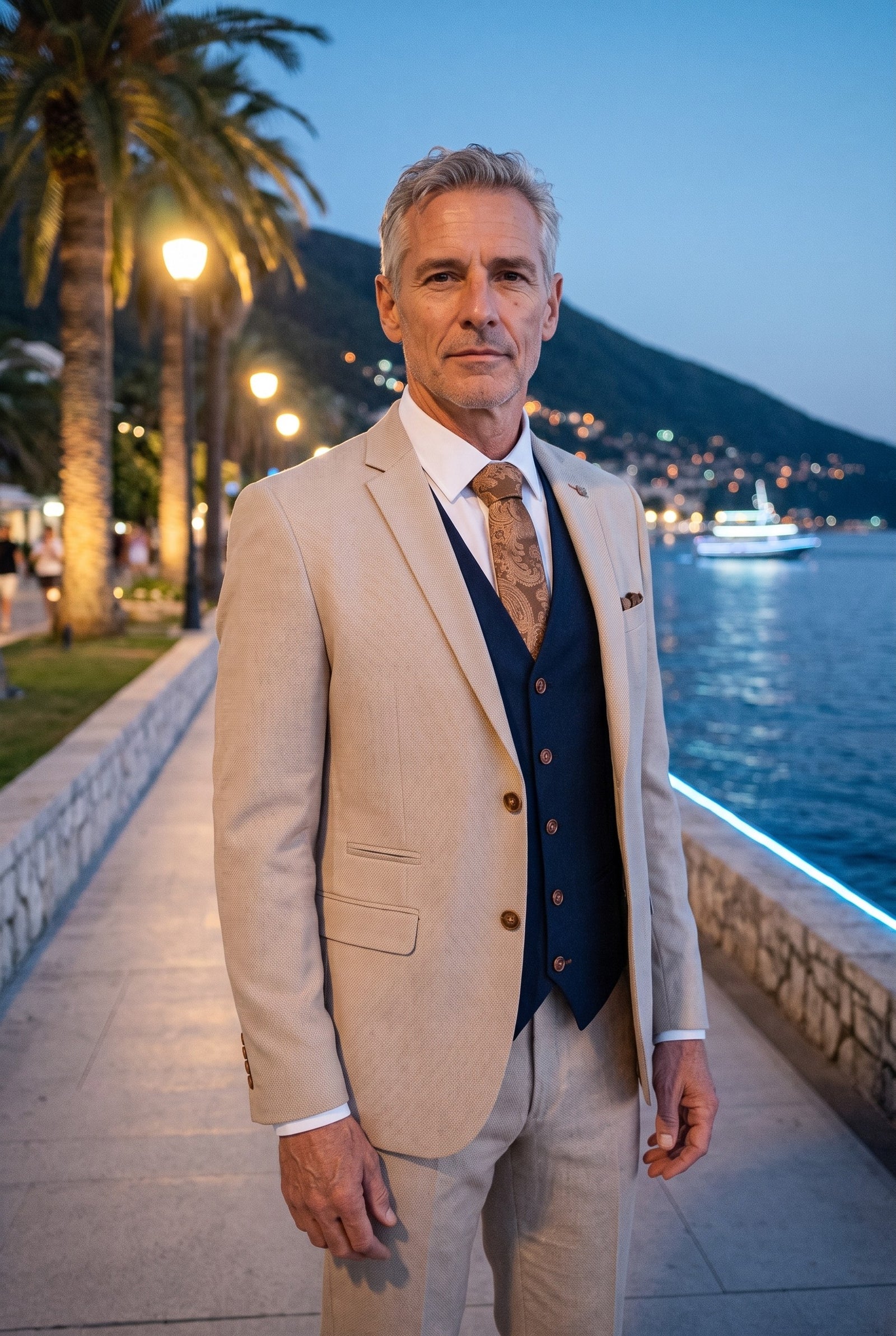 Look #944 styled with Mayfair – 3-teiliger cremefarbener Herrenanzug mit marineblauer Weste