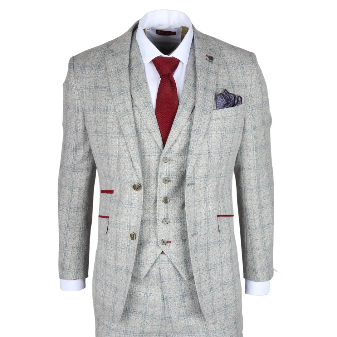 Andrew Men's 3-Piece Grey Checked Slim Fit Suit with Red Accents