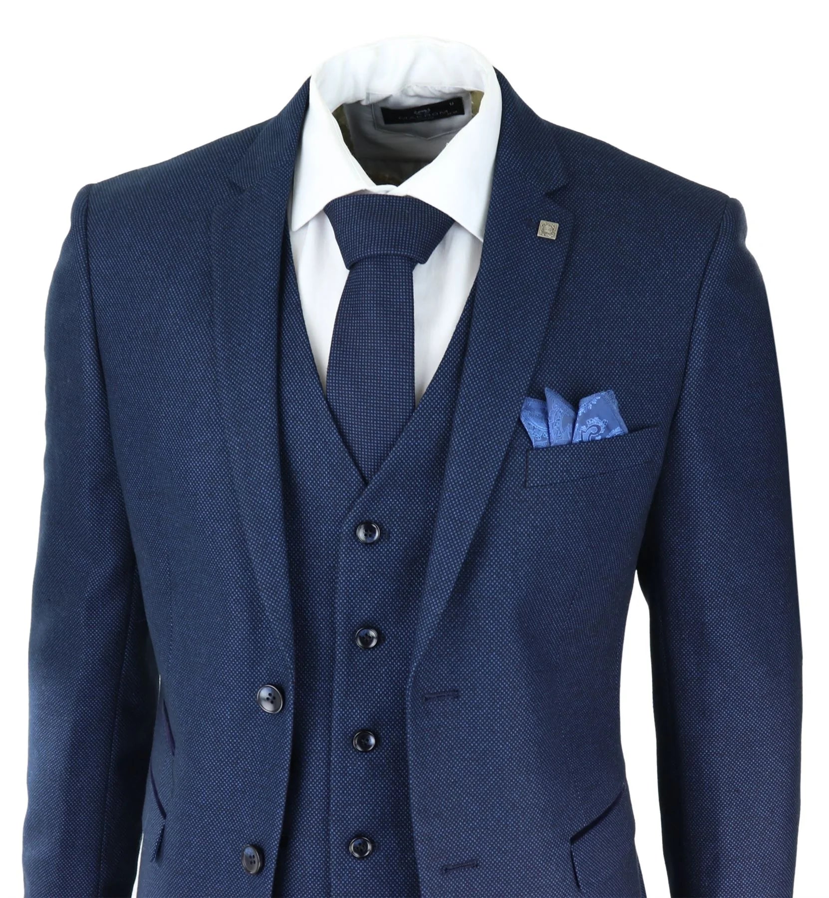 Mens Navy Blue 3 Piece Suit Birdseye Suit Wedding Prom Formal Smart Classic
