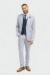 Hellblauer, karierter Prince-of-Wales-Dreiteiler für Herren mit marineblauer Weste