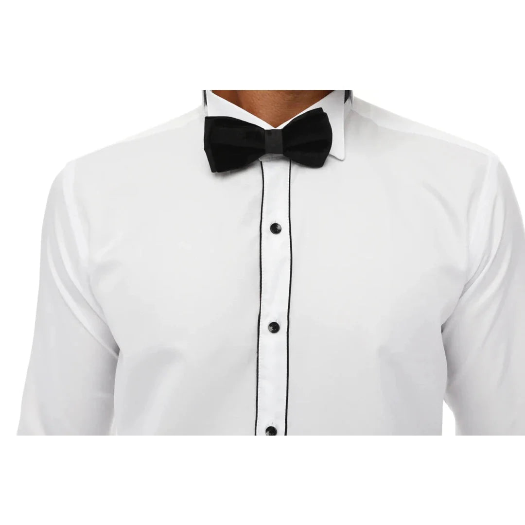 Men's Wing Collar Shirt Tuxedo White Black Piping Double Cuff Dinner Classic