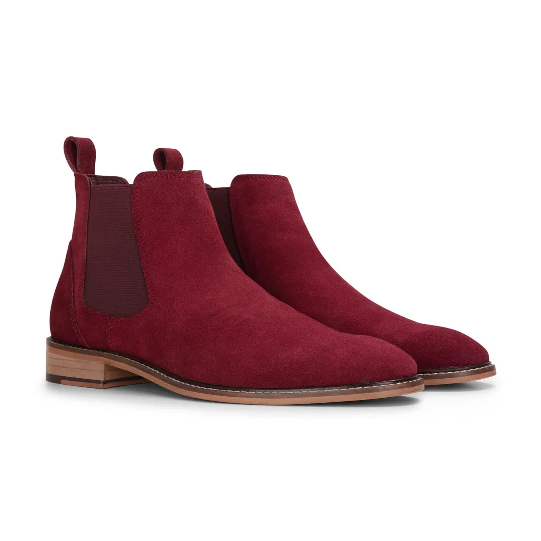 Men's Burgundy Suede Leather Slip On Chelsea Ankle Boots