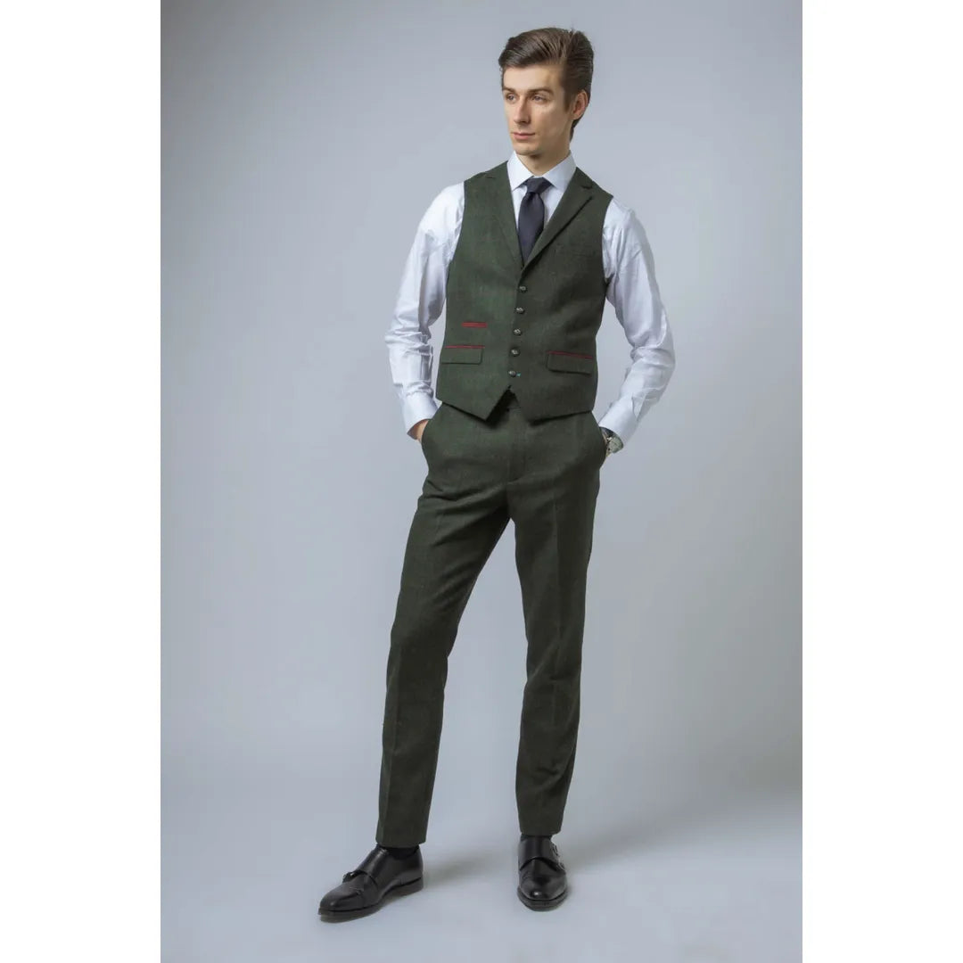 Joshua Men's 3-Piece Green Tweed Slim Fit Suit