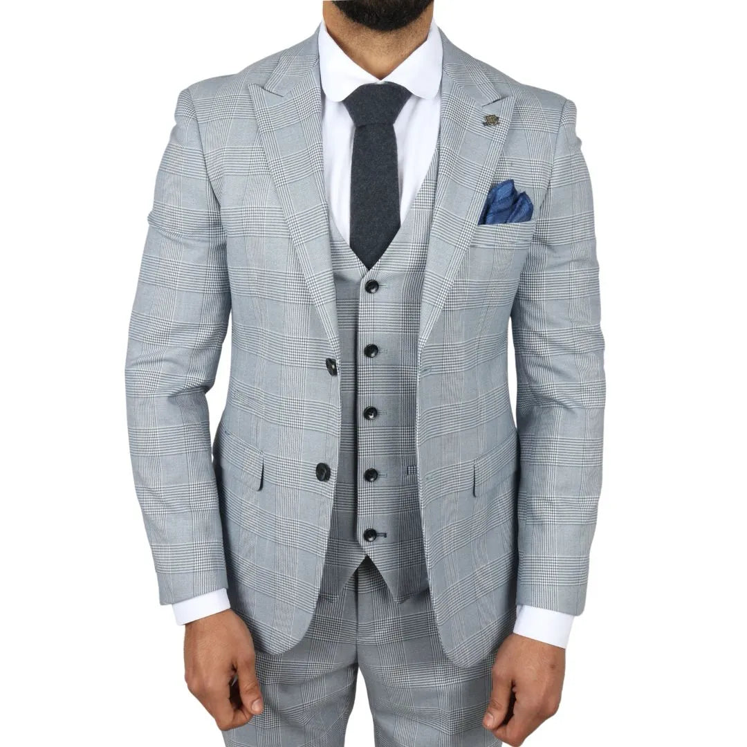 Mark Men's Light Blue 3-Piece Tweed Check Tailored Fit Suit