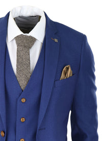 Mens Royal Blue 3 piece Suit Brown Trim Classic Birdseye Vintage Wedding Grooms
