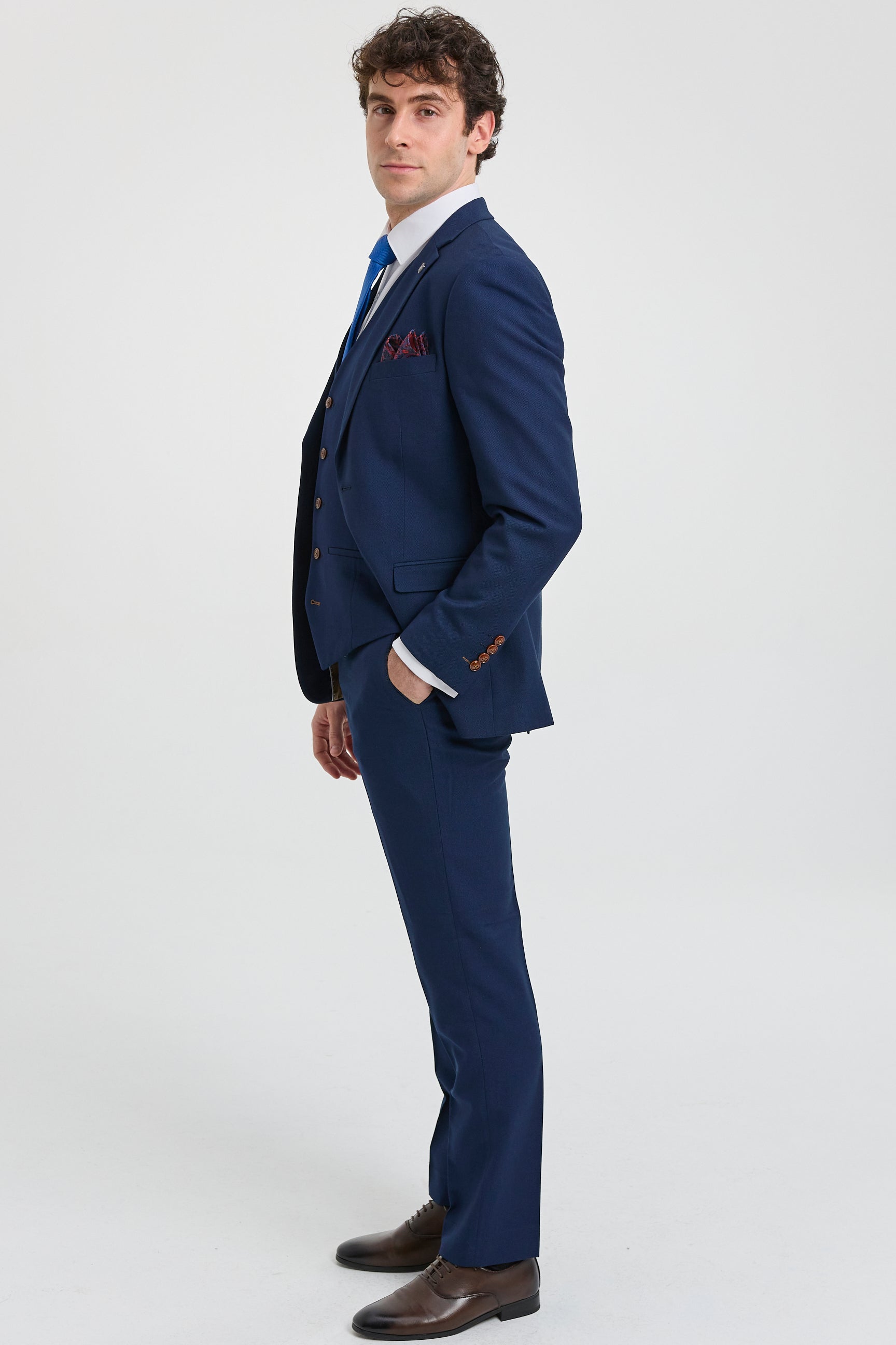 Herren Marineblau 3-teiliger Anzug mit braunem Besatz, klassischer Vogelaugen-Vintage-Anzug für Hochzeiten und Bräutigame