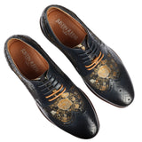 Ross - Men's Floral Print Leather Navy Brogue Shoes