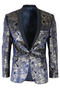 STZ63 - Herren-Smokingblazer aus Samt mit Paisley-Blumenmuster in Blau und Gold