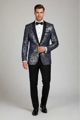 STZ63 - Herren-Smokingblazer aus Samt mit Paisley-Blumenmuster in Blau und Gold