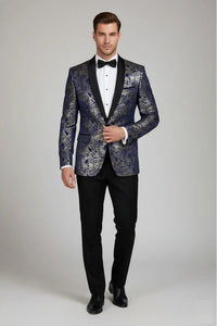 STZ63 - Herren-Smokingblazer aus Samt mit Paisley-Blumenmuster in Blau und Gold