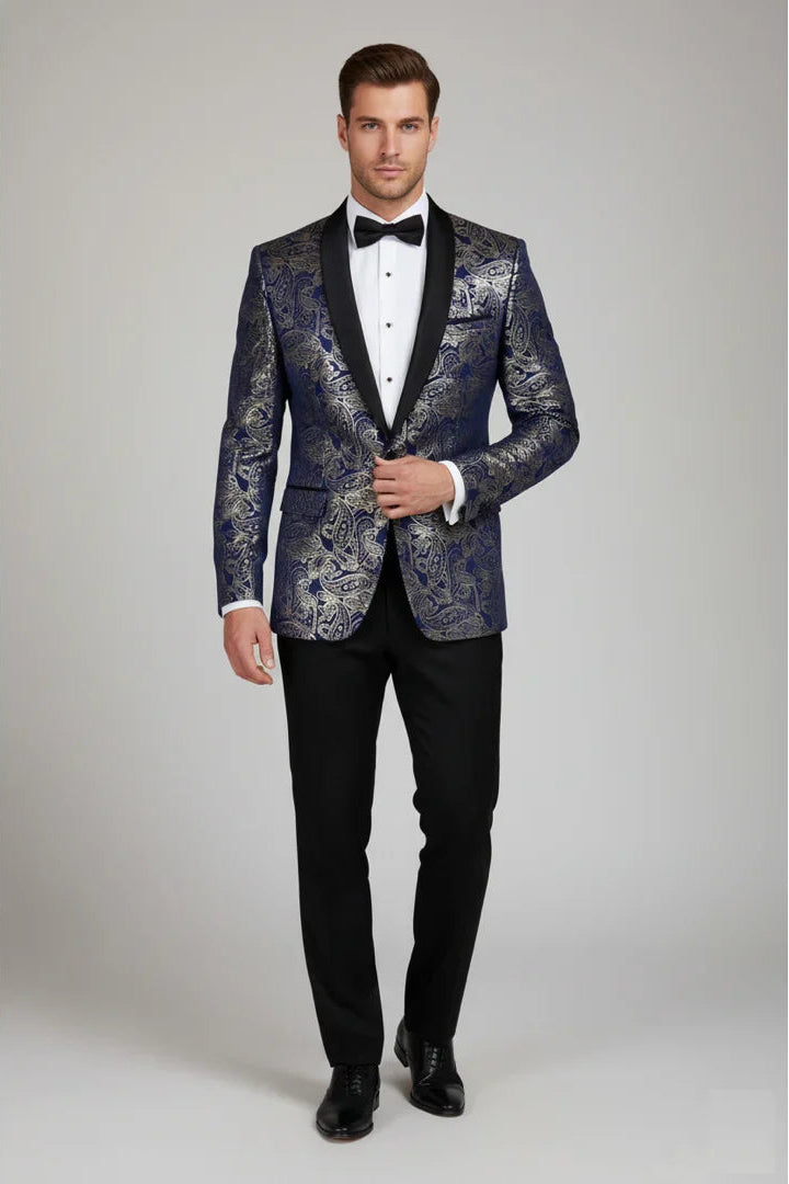 STZ63 - Herren-Smokingblazer aus Samt mit Paisley-Blumenmuster in Blau und Gold