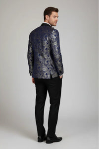 STZ63 - Herren-Smokingblazer aus Samt mit Paisley-Blumenmuster in Blau und Gold