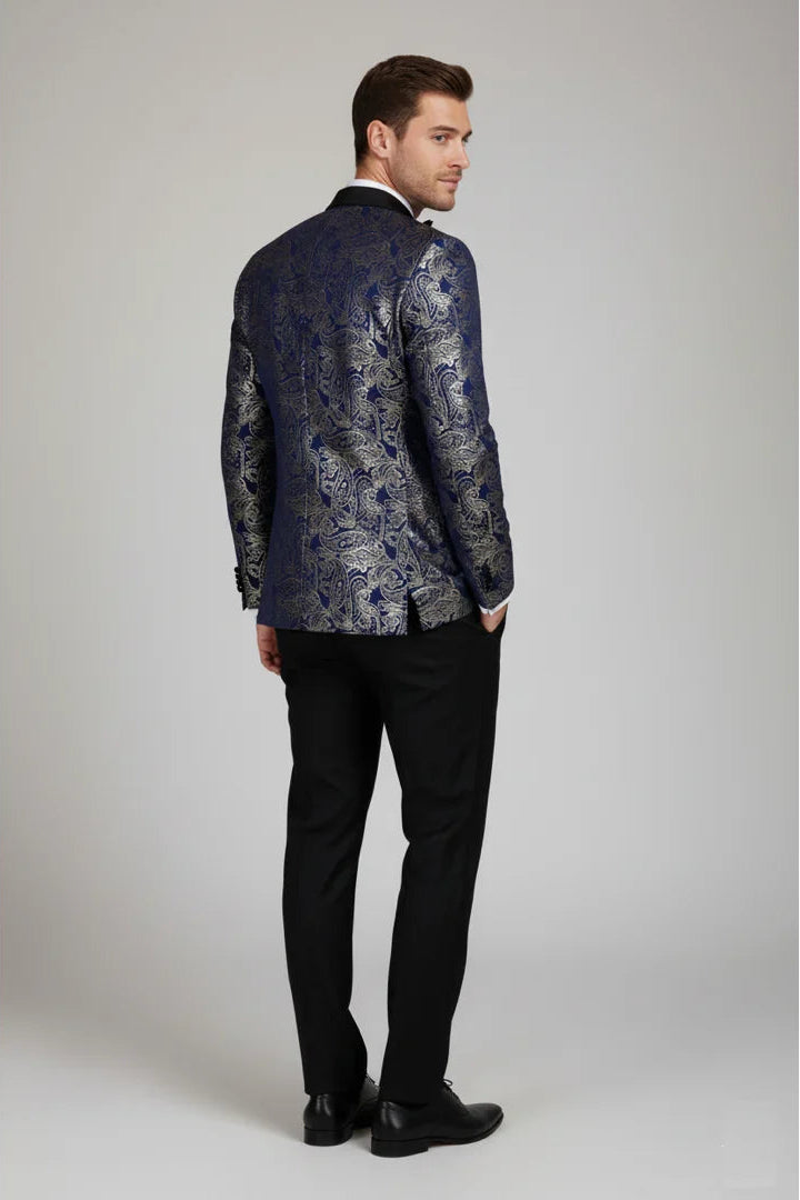 STZ63 - Herren-Smokingblazer aus Samt mit Paisley-Blumenmuster in Blau und Gold
