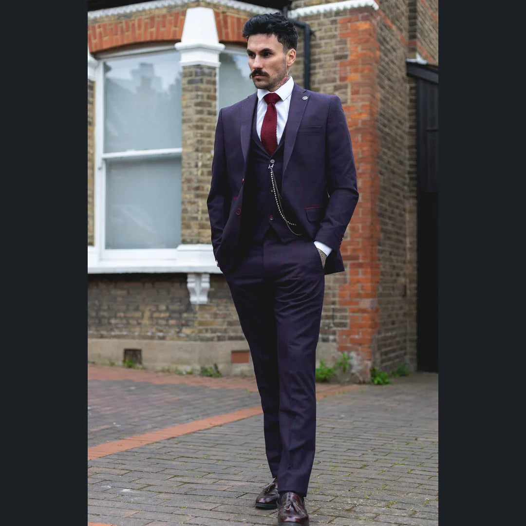 3-teiliger Herrenanzug aus Wolle und Tweed, Pflaume, Weinrot, Karomuster, 1920er Jahre Gatsby