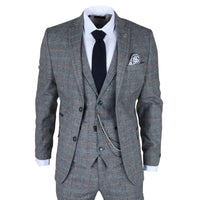 Gray checkered suit with a tie and pocket square on a white background