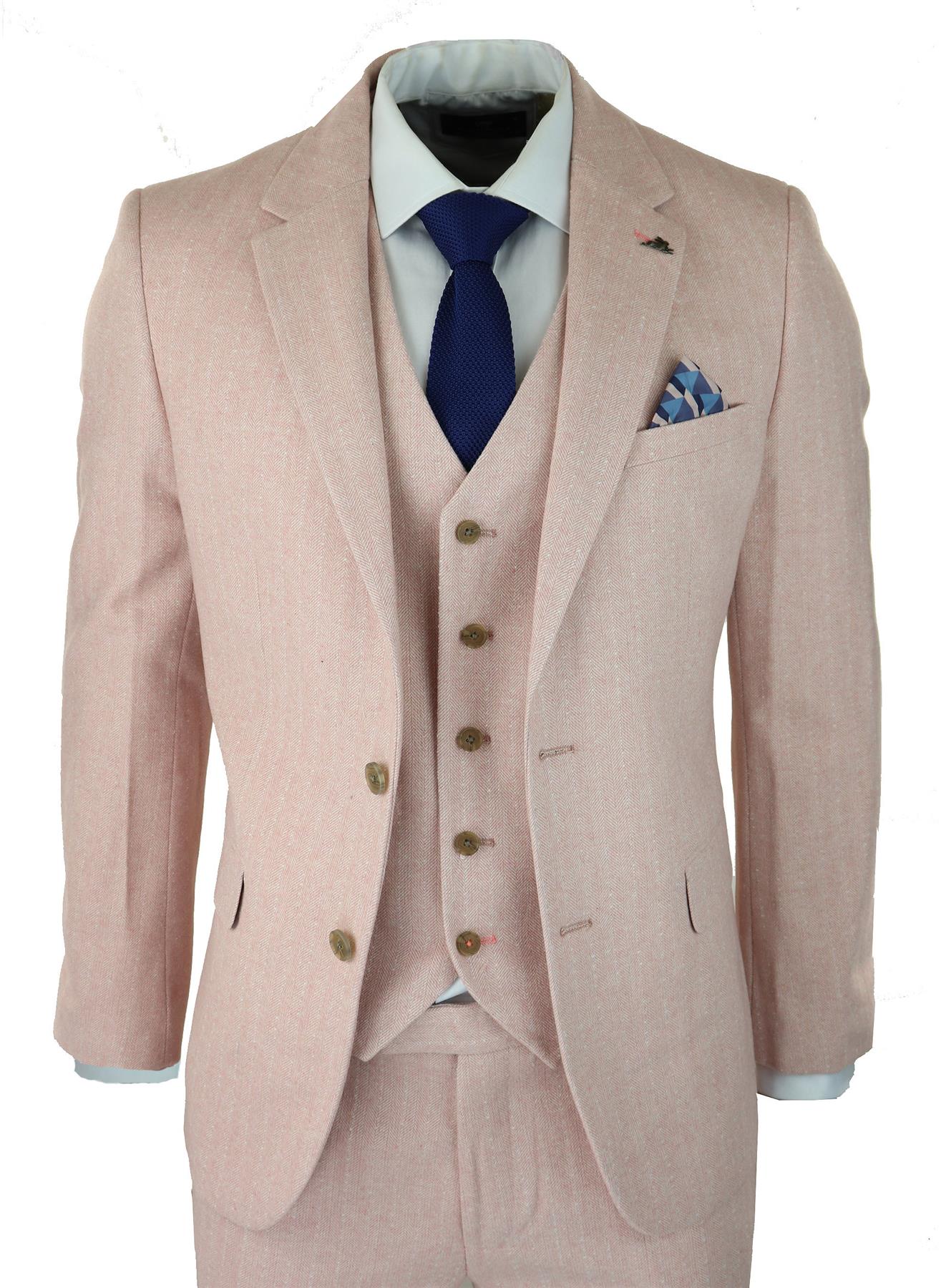 Mens Herringbone Tweed 3 Piece Suit Pink Blush Retro Vintage Short Reg Long