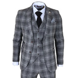 Gray checkered suit with a white shirt, black tie, and pocket square on a white background