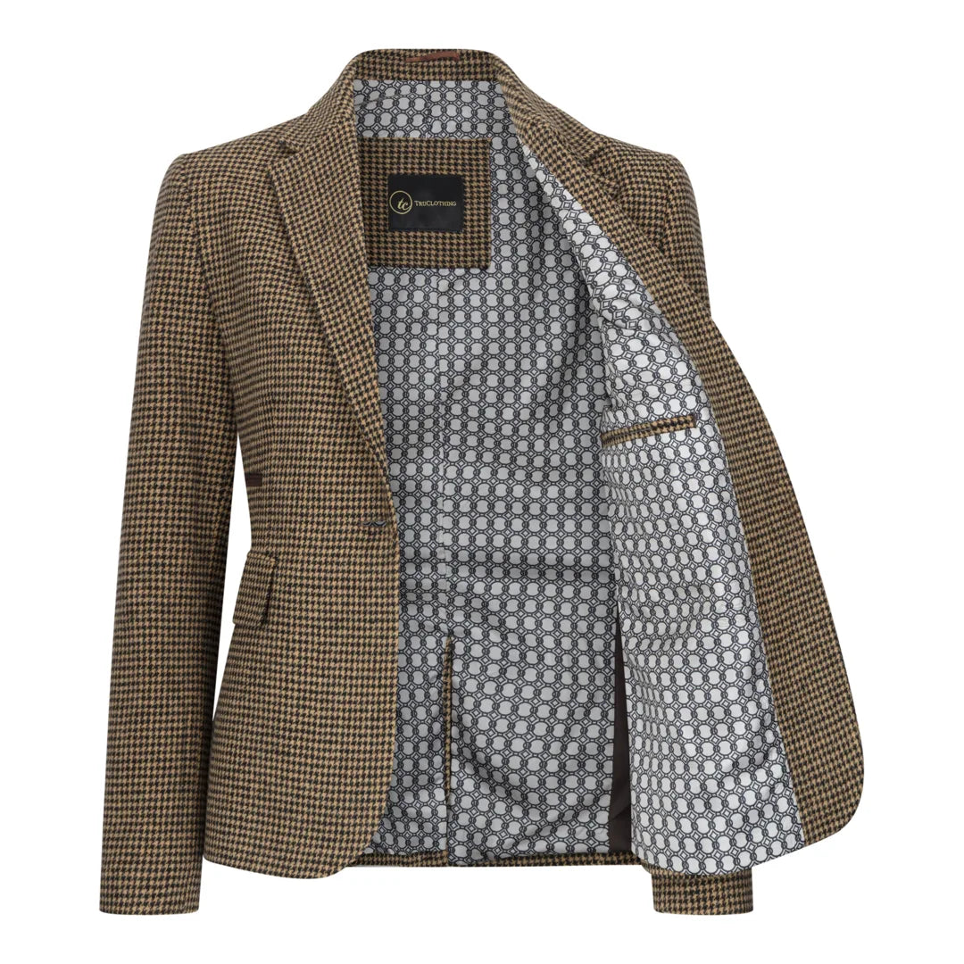 TPW-20 – Damenblazer aus braunem Tweed-Wollmischgewebe mit Hahnentrittmuster