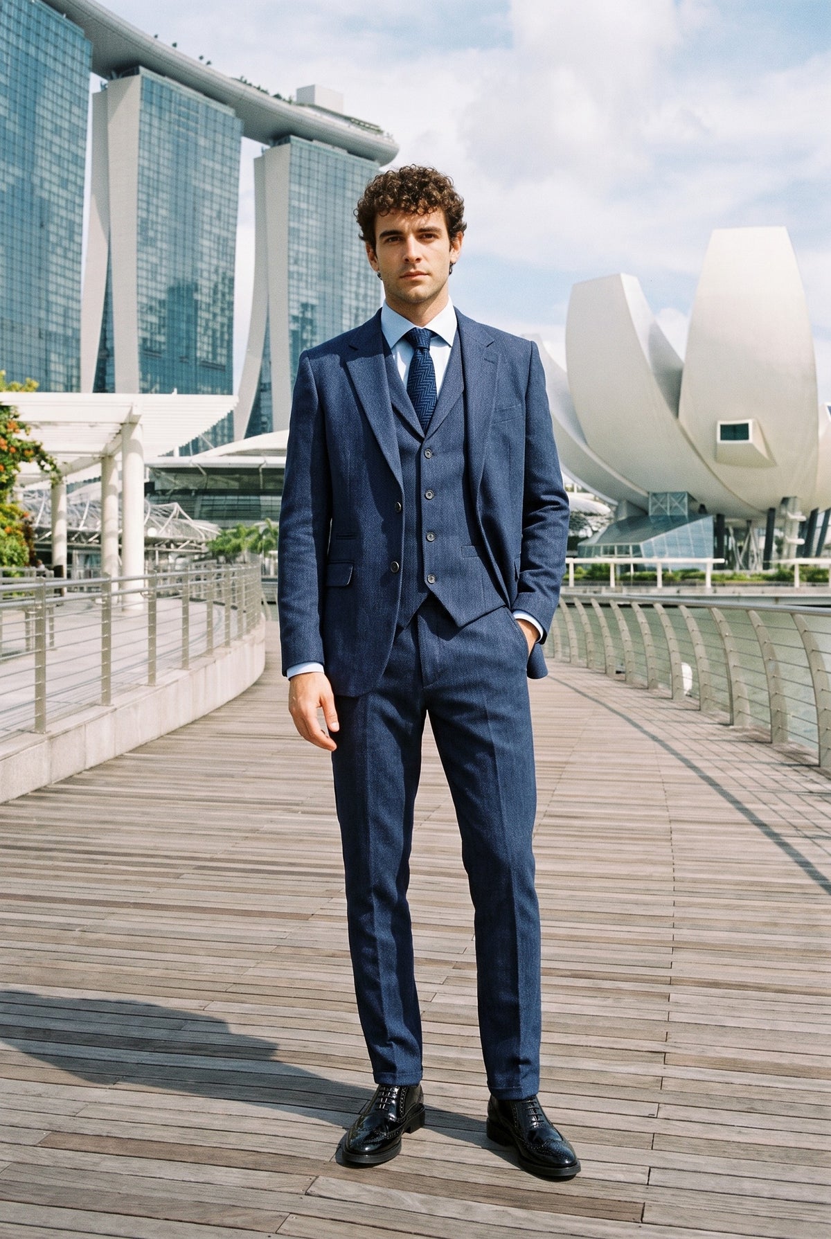 Look #989 styled with Marineblauer 3-teiliger Tweed-Anzug mit Fischgrätenmuster für Herren