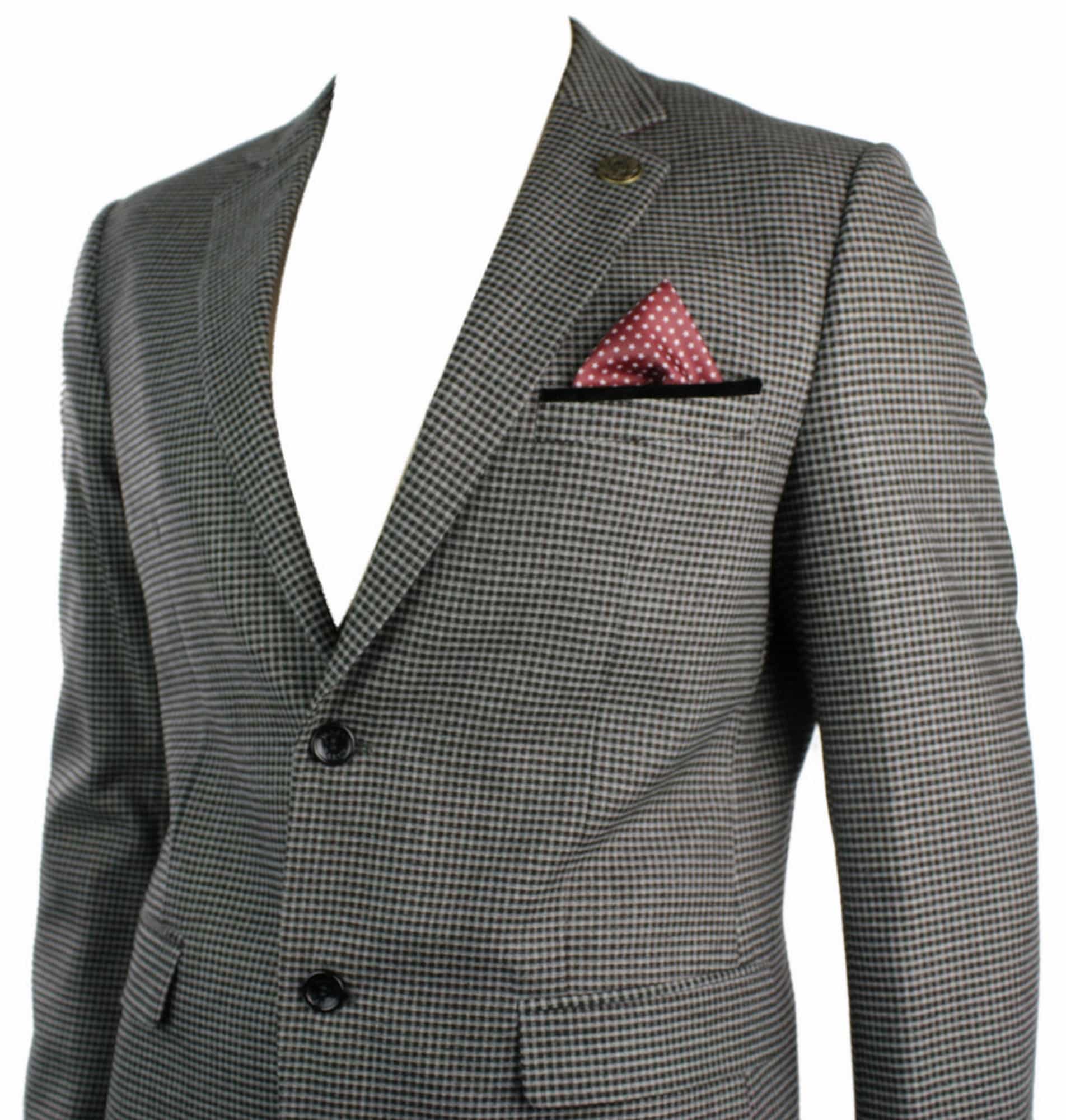Mens Tweed Vintage Retro Brown Checked Blazer Elbow Patch Black Trim Tailored