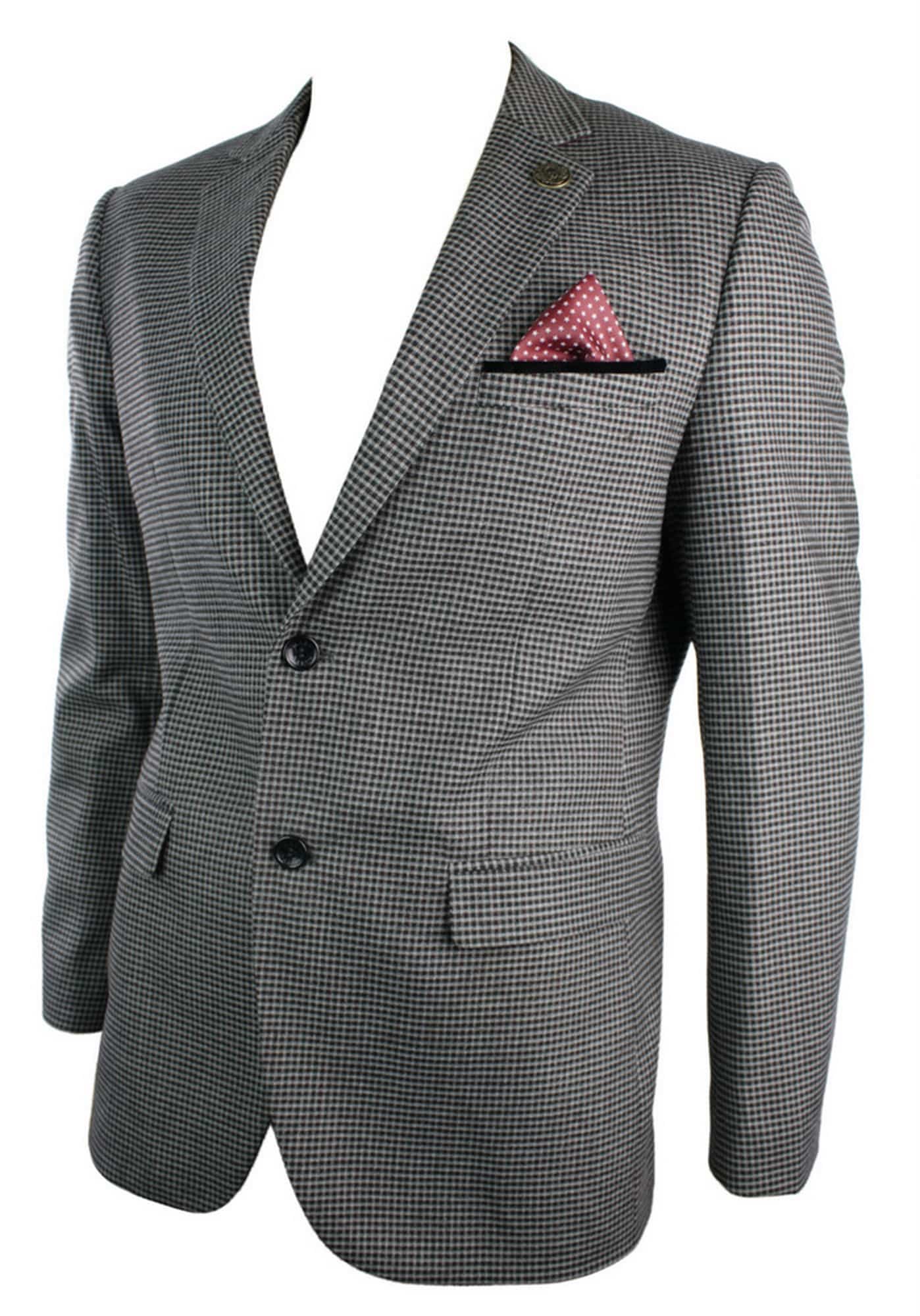 Mens Tweed Vintage Retro Brown Checked Blazer Elbow Patch Black Trim Tailored