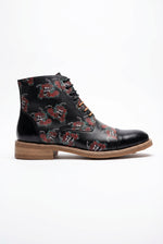 Adam – Schwarze Oxford-Stiefel aus Leder mit Blumen- und Totenkopf-Print für Herren