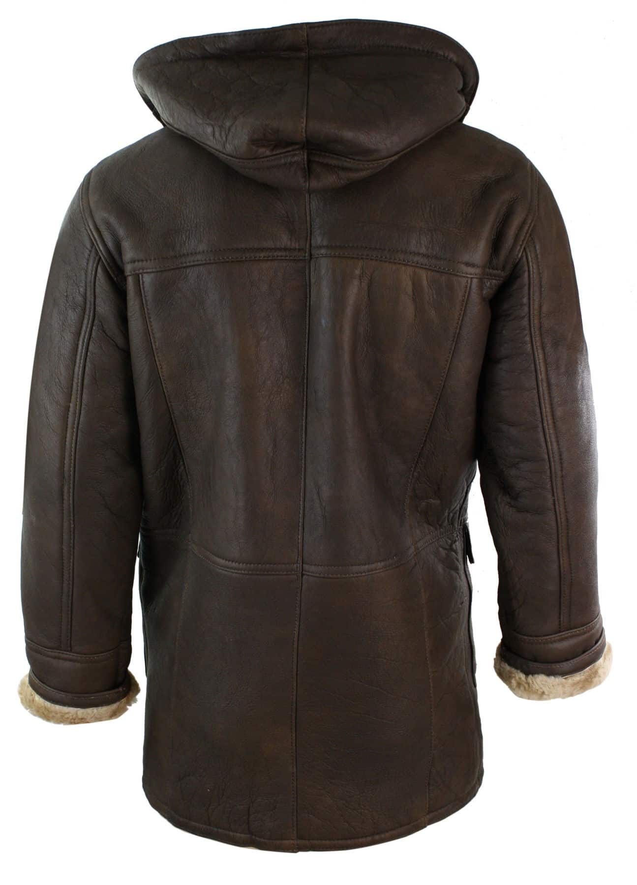 Mens Winter Real Sheepskin Leather Duffle Safari Jacket Brown & Cream Hood Vintage-B3 Brown Ginger