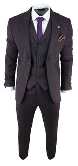 Men's Plum Herringbone Tweed 3 Piece Suit
