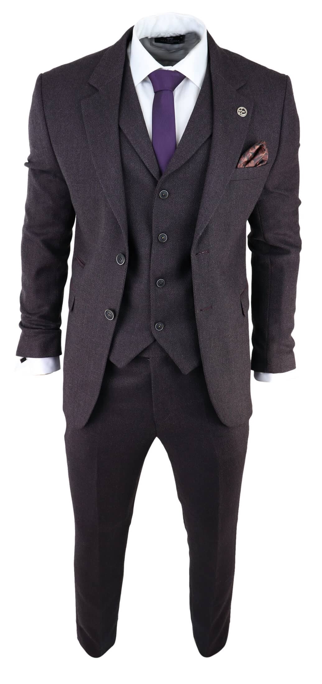 Men's Plum Herringbone Tweed 3 Piece Suit