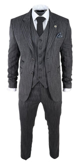Men's Grey Pinstripe Herringbone Tweed 3 Piece Suit