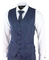 Men's Blue Pinstripe Herringbone Tweed 3 Piece Suit