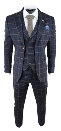 Men's Navy-Blue Windowpane Check 3 Piece Suit