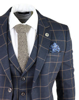 Men's Navy-Blue Windowpane Check 3 Piece Suit