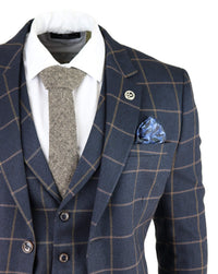 Men's Navy-Blue Windowpane Check 3 Piece Suit