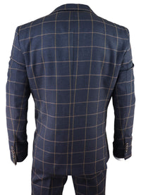 Men's Navy-Blue Windowpane Check 3 Piece Suit