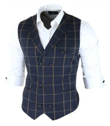 Mens Classic Waistcoat Prince Of Wales Check Navy Slim Fit Vintage Wedding