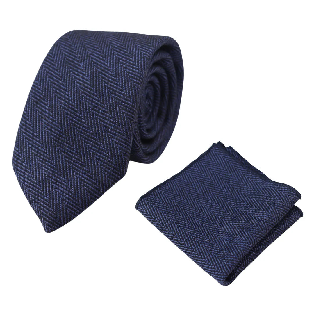 Men's Tweed Blue Herringbone Tie & Pocket Square Set
