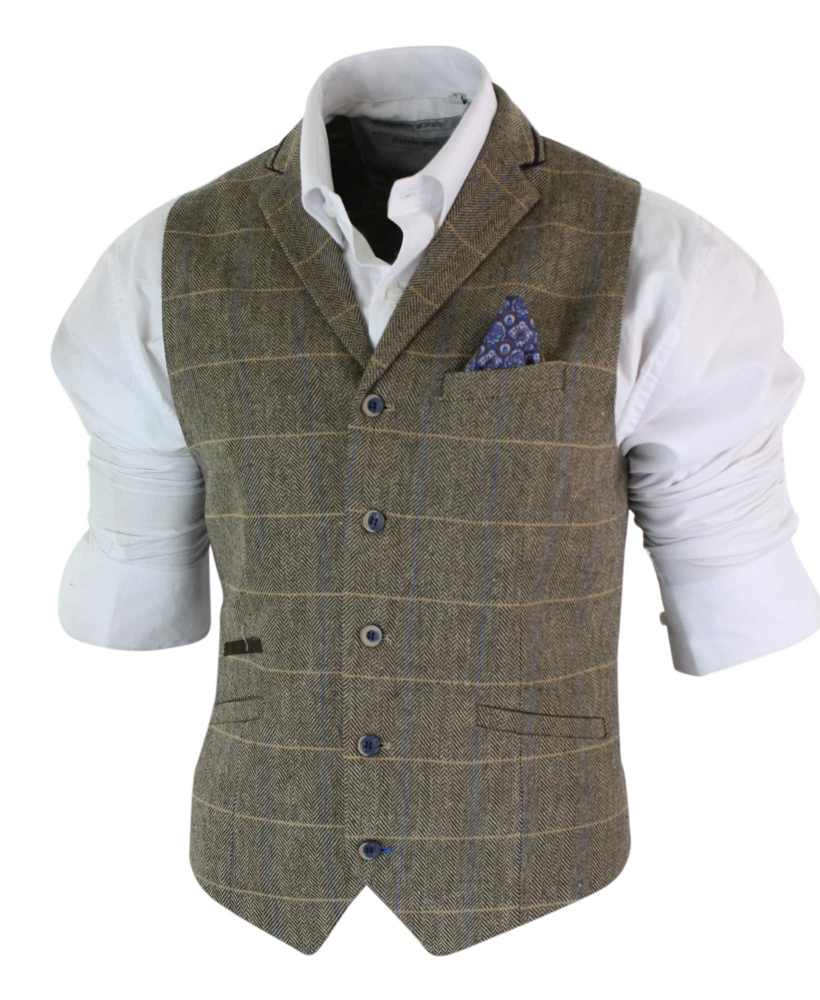 Cavani Albert - Mens Classic Tweed Herringbone Check Brown Grey Slim Fit Vintage Waistcoat Gilet-Tan