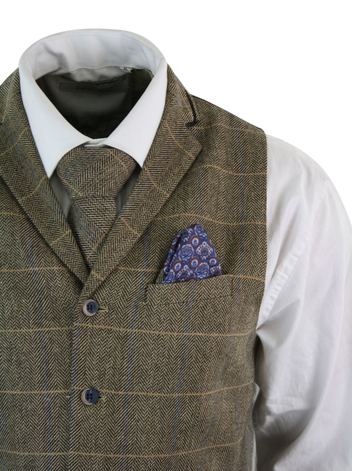 Cavani Albert - Mens Classic Tweed Herringbone Check Brown Grey Slim Fit Vintage Waistcoat Gilet-Tan