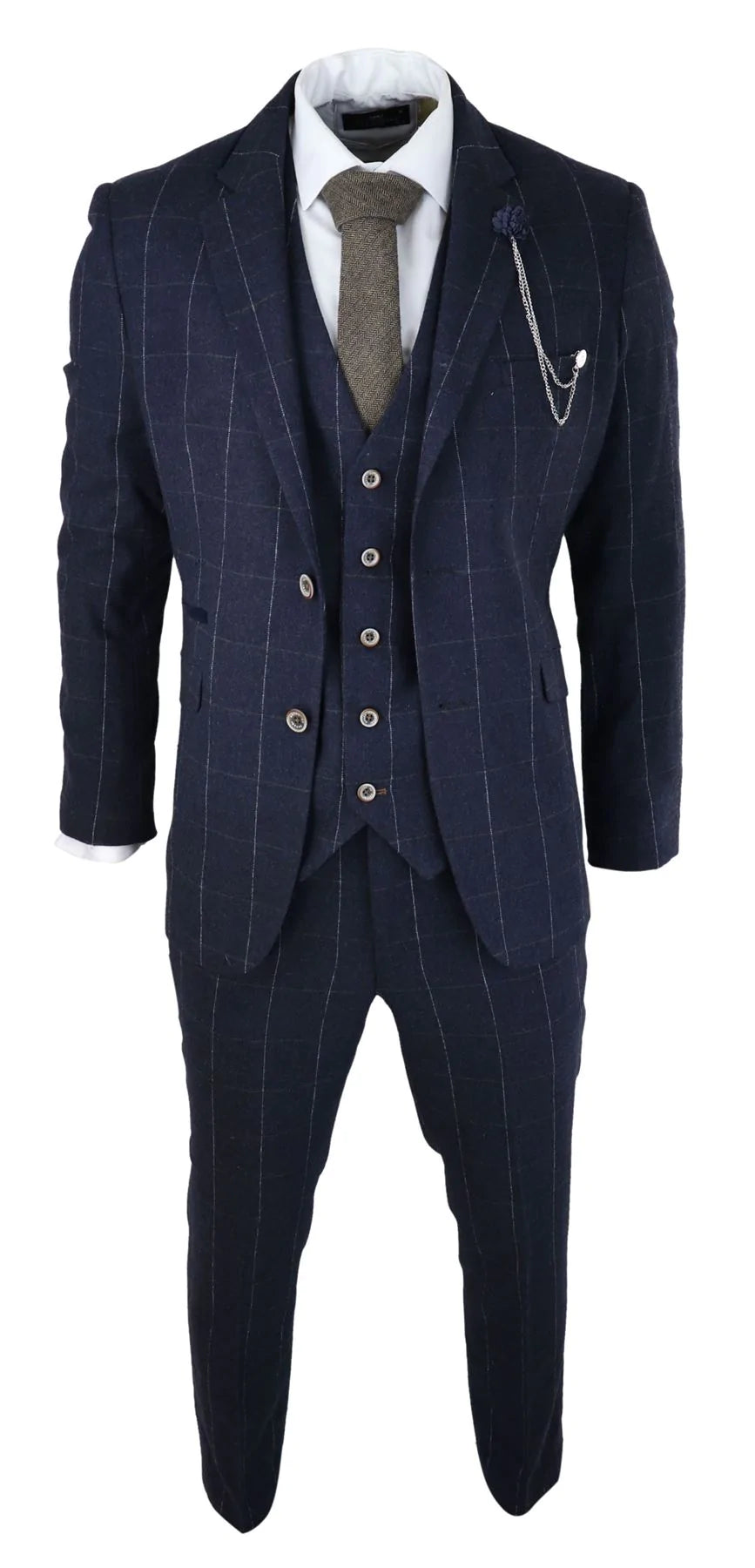 Mens Navy Check 3 Piece Suit Wool Tweed Classic 1920s Vintage Tailored Fit Wedding